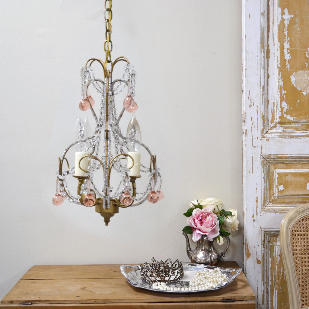 Petite Gold Chandelier with Pink Clear Drops Chandeliers Pure Elegance Lighting   