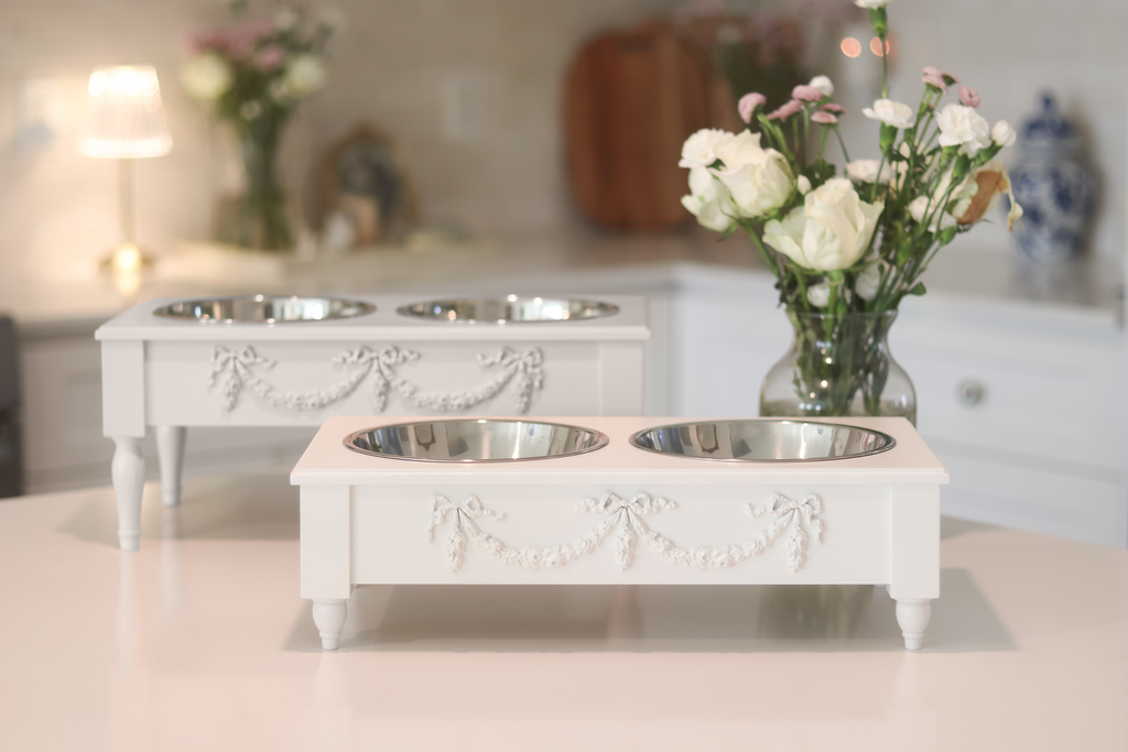 Helpen Pets French Double Swag Forever Elevated Stainless Steel Pet Bowls