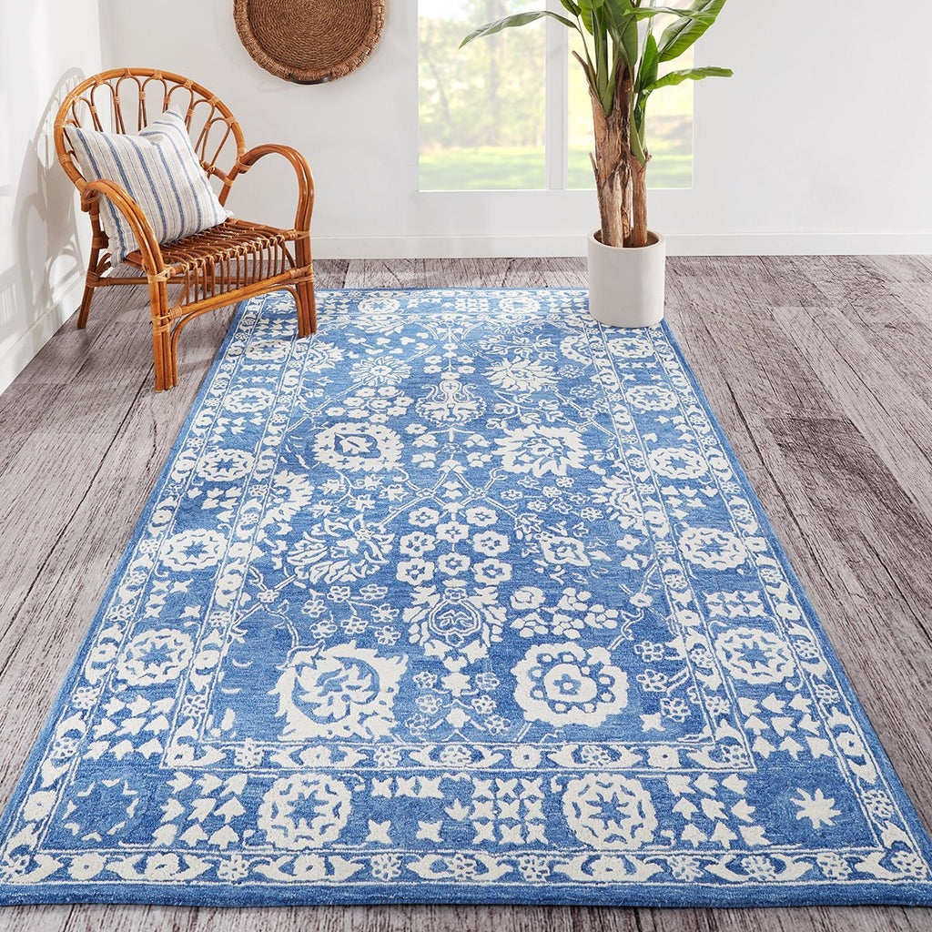 Moroccan Blue Floral Wool Rug Rugs Momeni   